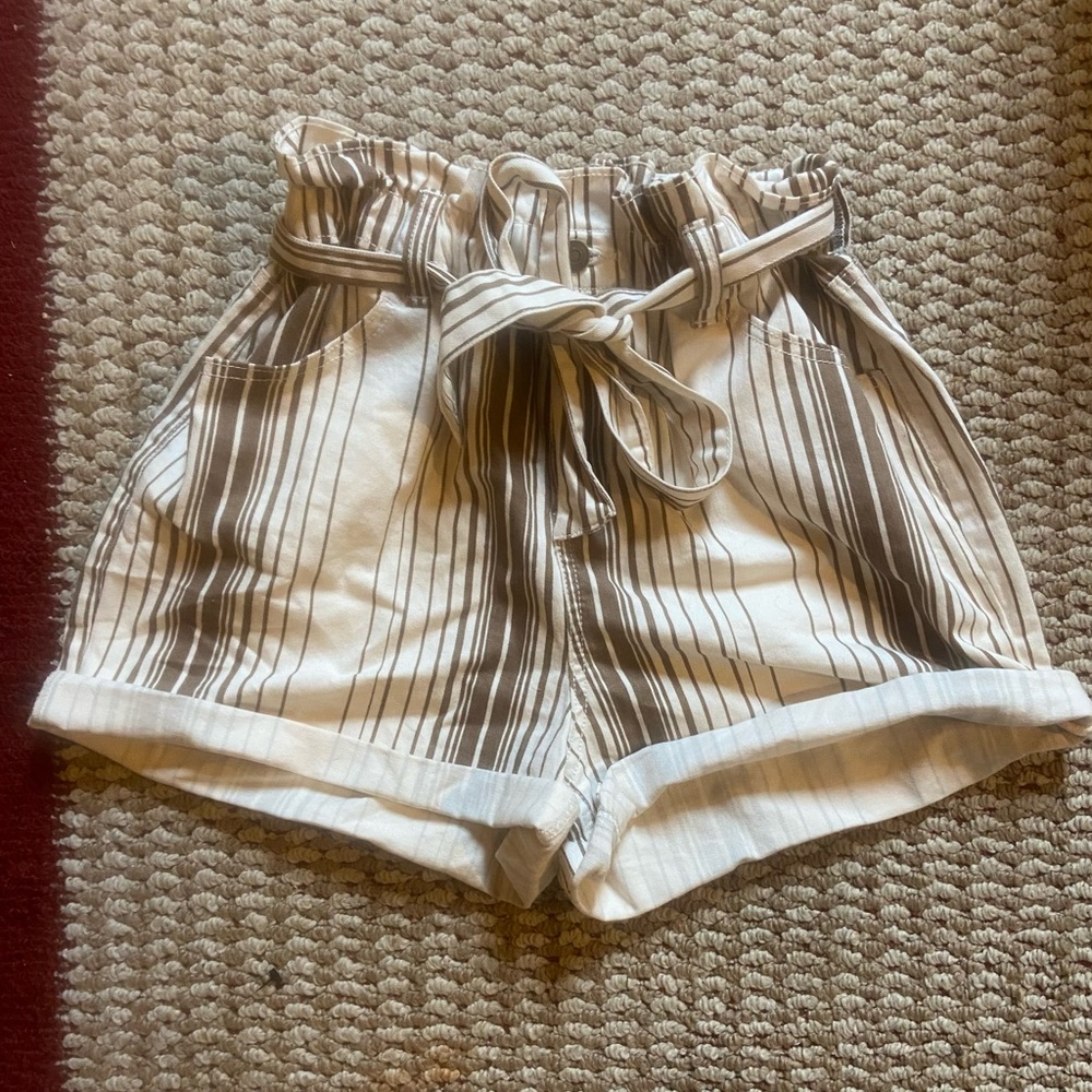 Time and Tru High Waist Striped Shorts - Brown and White